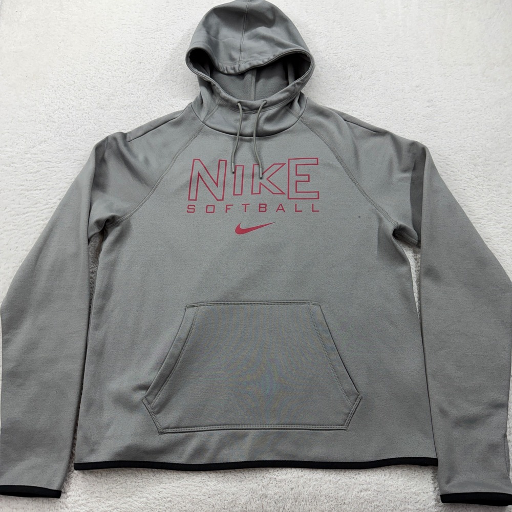 Nike Softball Therma-FIT Hoodie Mens Medium Grey Red Pullover Fleece‎ Sweatshirt